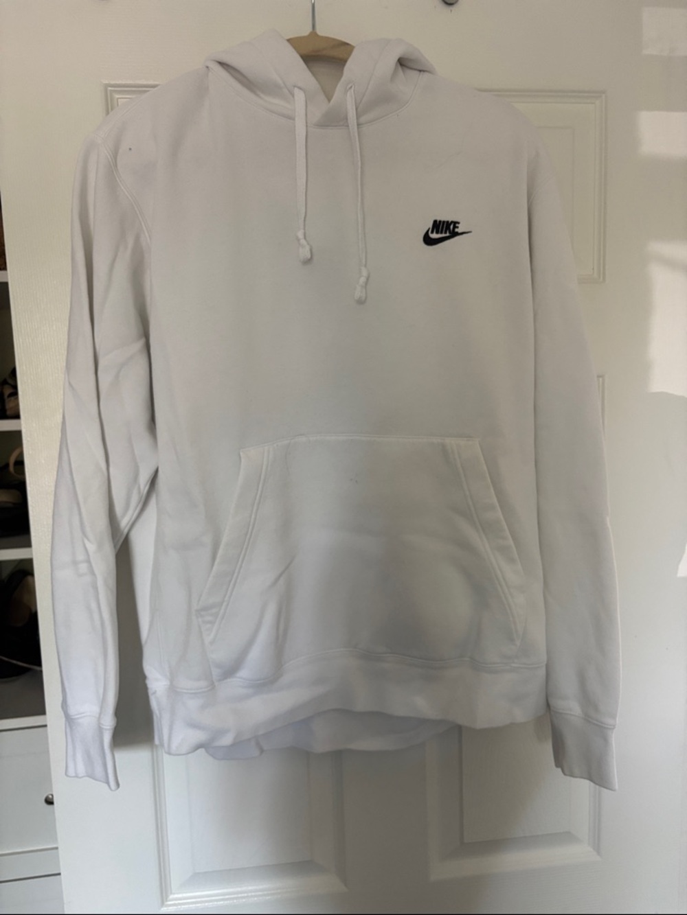 Nike White Men's Crewneck Pullover Hoodie with Black Swoosh
